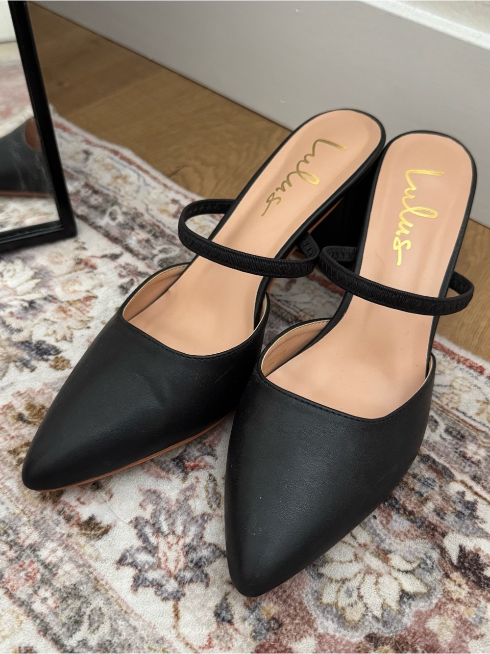 Lulu's Black Pointed Mule Heels with Slim Strap